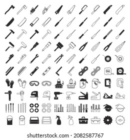 A large set of carpentry tools. Silhouettes and outlines of various carpentry tools, equipment and protective clothing. Vector illustration isolated on a white background for design and web.