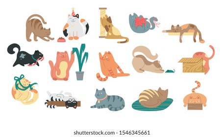 Large set of cartoon cats at various activities stretching, sleeping, playing, grooming and fetching yarn in a flat vector illustration on white for design elements