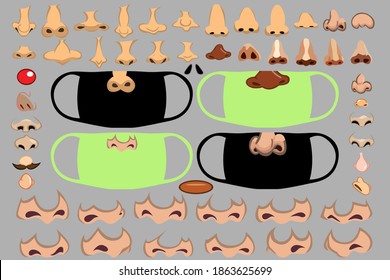 A large set of cartoon, human noses. Images for medical masks and other purposes. Vector illustration.