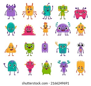 Large set of cartoon monsters. Cute monsters and aliens. Children's characters for games and applications. Vector illustration isolated on white background.