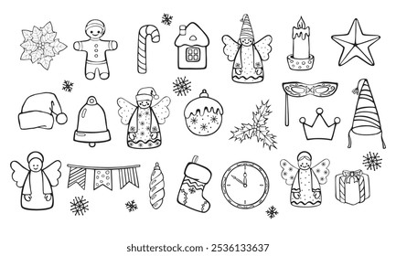 A large set of cartoon New Year and Christmas symbols and objects. Hand drawn vector linear drawings of toys isolated on white background.