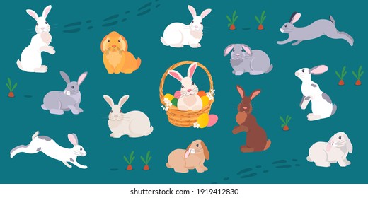 A large set of cartoon rabbits. Sitting and running bunnies. Vector illustration with symbols of the Christian holiday. Easter basket with eggs and flowers.