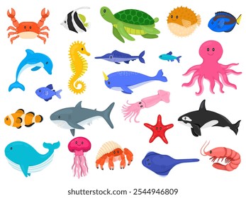 Large set of cartoon underwater animals, illustration for children