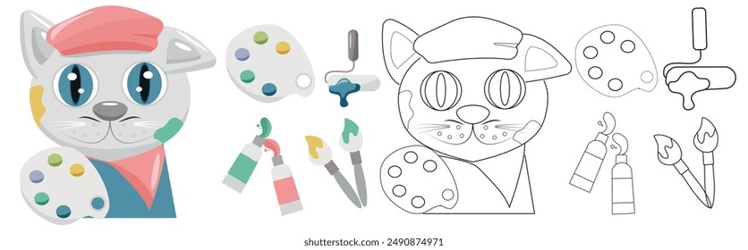 large set of a cat in the image of an artist with a palette, a beret and paints on the face and a cat drawn in line art style