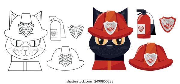 large set of a cat in a uniform and helmet of a fireman, a fire extinguisher and a cat drawn in the style of line art and isolated on a white background