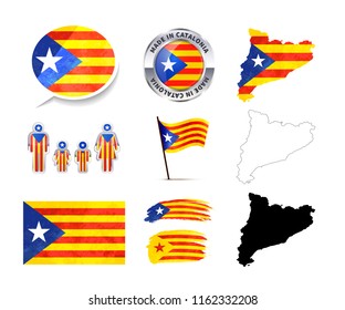 Large set of Catalonia infographics elements with flags, maps and badges isolated on white