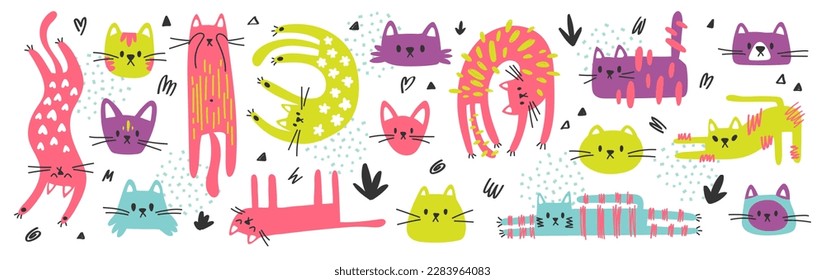 Un gran conjunto de gatos. Graciosos gatos dibujados a mano. Ilustración vectorial de estilo infantil. Gatos de caricatura en diferentes poses, caras de gato. Clipart sobre fondo blanco.