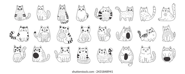 Large set of cats in linear style. Cute funny fluffy cats. Ideal for those who appreciate the cute and whimsical side of feline charm.