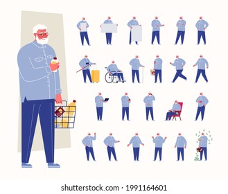 A large set with the character of an elderly man in different poses, facial expressions, for presentations. A person in everyday and extraordinary situations. Vector illustration in flat cartoon style