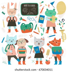Large set of characters and elements on the school theme. Back to school. Lovely animals in Scandinavian style.