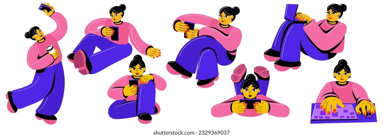 Eine große Reihe von Figuren von Mädchen, die mit jemandem auf dem Telefon, Laptop, Computer. Online-Shopping. Emotionale Mädchen entspannen, kommunizieren, arbeiten, gehen mit einem Telefon in ihren Händen einkaufen. Ruhe