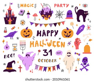 Large set with characters and icons for Halloween. Vector flat illustrations on a white background. Decor for posters, flyers, postcards