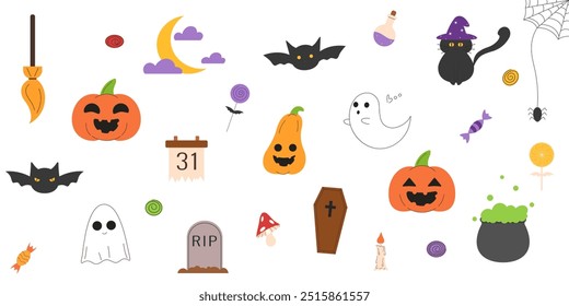 Grande conjunto com personagens, ícones para Halloween, truque ou deleite, abóboras assustadoras e doces, chapéu de bruxas, lua, teia de aranha e morcegos. Ilustrações planas vetoriais sobre um fundo branco