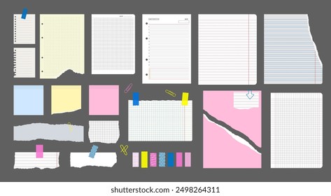 Large set of checkered, colored, lined sheets of paper from a math notebook, diary, notepad torn into pieces, glued to tape for text, collage, banner, flyer. Isolated vector on gray background EPS10