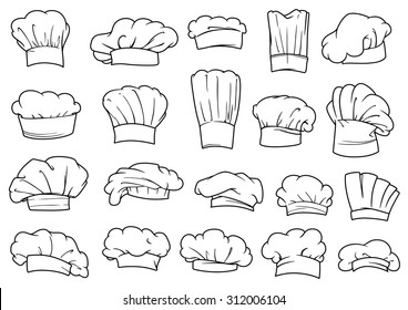 Large set of chefs toques, caps and hats in different shapes and designs, outline sketch style