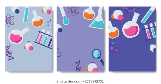 A large set of chemical, biology, physics, laboratories backgrounds showing various experiments, glassware and molecules isolated on white for design elements, colour vector illustrations