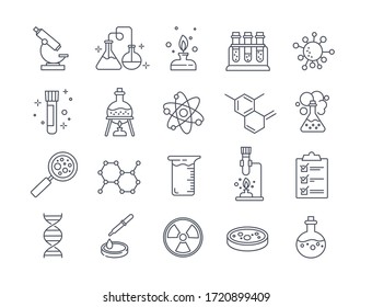 Large set of Chemistry lab and diagrammatic icons showing assorted experiments, glassware and molecules isolated on white for design elements, black and white vector illustration