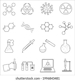 Large set of Chemistry lab and diagrammatic icons showing assorted experiments, glassware and molecules isolated on white for design elements, black and white vector illustration