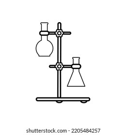 Large set of Chemistry lab and diagrammatic icons showing assorted experiments, glassware and molecules isolated on white for design elements, black and white vector illustration
