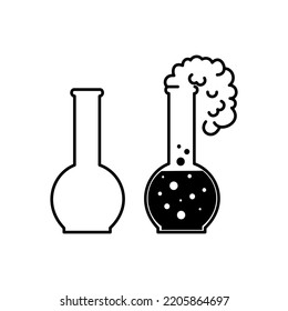 Large set of Chemistry lab and diagrammatic icons showing assorted experiments, glassware and molecules isolated on white for design elements, black and white vector illustration
