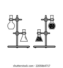 Large set of Chemistry lab and diagrammatic icons showing assorted experiments, glassware and molecules isolated on white for design elements, black and white vector illustration
