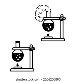 Large set of Chemistry lab and diagrammatic icons showing assorted experiments, glassware and molecules isolated on white for design elements, black and white vector illustration
