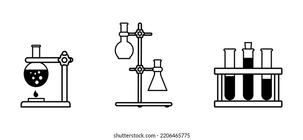 Large set of Chemistry lab and diagrammatic icons showing assorted experiments, glassware and molecules isolated on white for design elements, black and white vector illustration
