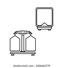 Large set of Chemistry lab and diagrammatic icons showing assorted experiments, glassware and molecules isolated on white for design elements, black and white vector illustration
