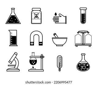 Large set of Chemistry lab and diagrammatic icons showing assorted experiments, glassware and molecules isolated on white for design elements, black and white vector illustration
