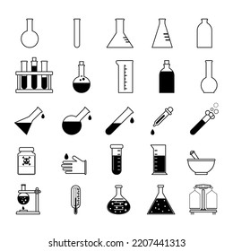 Large set of Chemistry lab and diagrammatic icons showing assorted experiments, glassware and molecules isolated on white for design elements, black and white vector illustration
