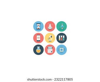 Large set of Chemistry lab and diagrammatic icons showing assorted experiments, glassware and molecules isolated on white for design elements, colour and white vector illustration. Science, modern.