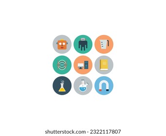 Large set of Chemistry lab and diagrammatic icons showing assorted experiments, glassware and molecules isolated on white for design elements, colour and white vector illustration. Science, modern.