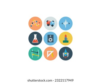 Large set of Chemistry lab and diagrammatic icons showing assorted experiments, glassware and molecules isolated on white for design elements, colour and white vector illustration. Science, modern.