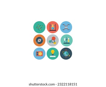Large set of Chemistry lab and diagrammatic icons showing assorted experiments, glassware and molecules isolated on white for design elements, colour and white vector illustration. Science, modern.
