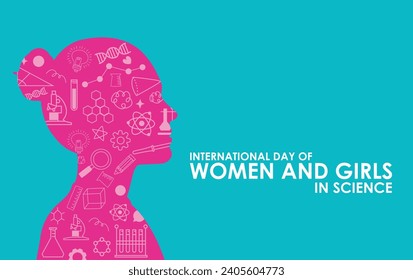 Large set of Chemistry lab and diagrammatic icons. International Day of Women and Girls in Science illustration. National Science day.  Science theme vector illustration. Suitable for Poster, Banners,