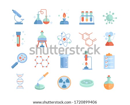 Large set of Chemistry lab and diagrammatic icons showing assorted experiments, glassware and molecules isolated on white for design elements, colored vector illustration