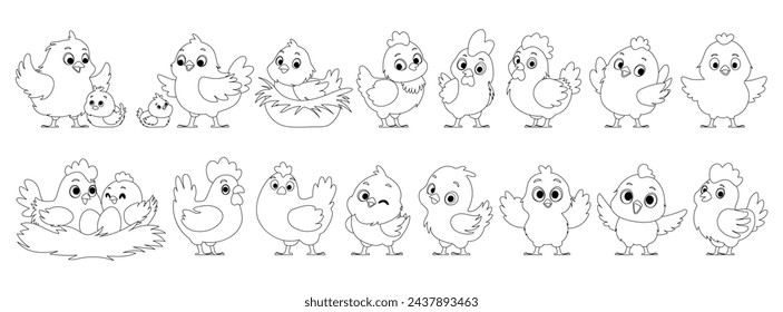 Large set of chicken family in lineart. Yellow chickens, Hen hatches eggs. Mother hen and chicks. Big and small roosters. Chicken and rooster in the nest.