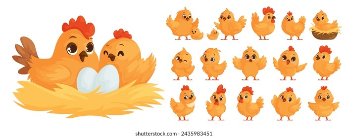 Large set of chicken family. Yellow chickens, Hen hatches eggs. Mother hen and chicks. Big and small roosters. Chicken and rooster in the nest.