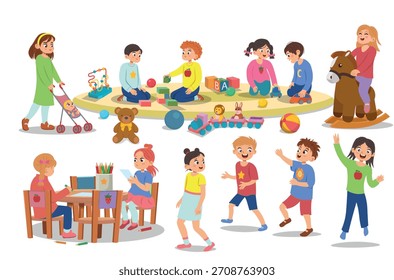 Large set with children. Children in kindergarten playing with toys on a white background. Vector
