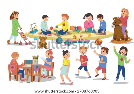Large set with children. Children in kindergarten playing with toys on a white background. Vector
