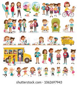 large set of children's characters of people. school pupils, fun jump, vector