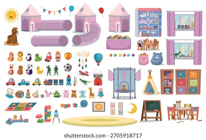 Um grande conjunto de playroom de crianças com muitos brinquedos. Um interior de jardim de infância com uma mesa redonda com cadeiras, uma prancha e muitos brinquedos com uma casa de bonecas e chá. Um poço e um cavalo de balanço.