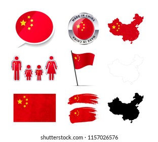 Large set of China infographics elements with flags, maps and badges isolated on white