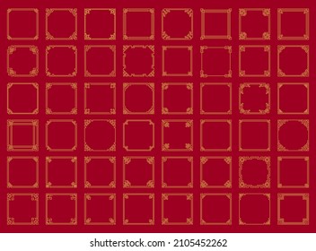 Large set of Chinese frames in traditional style on red background. Vector illustration of Asian vintage frames in gold color. For decoration of banners, holiday cards and Asian culture products. 