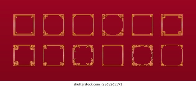 Large set of Chinese square frames in traditional style. Golden Asian frame on red background. Vector illustration. 