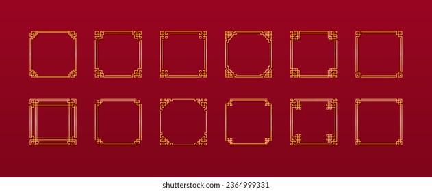 Large set of Chinese square frames in traditional style. Golden Asian frame on red background. Vector illustration. 