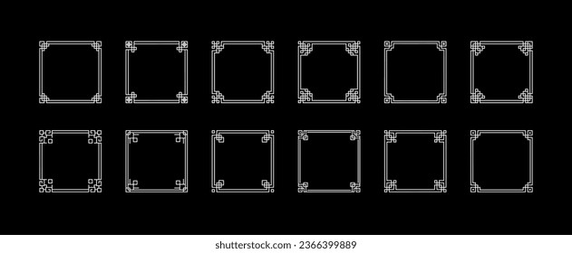 Large set of Chinese square frames in traditional style. White Asian frame on black background. Vector illustration. 
