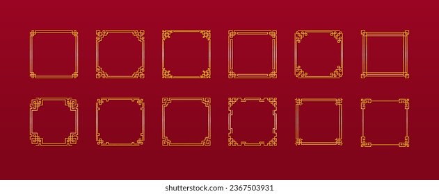 Large set of Chinese square frames in traditional style. Golden Asian frame on red background. Vector illustration. 