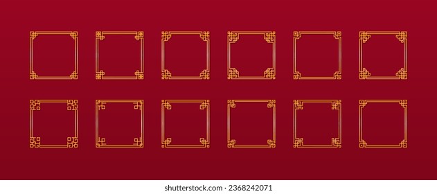 Large set of Chinese square frames in traditional style. Golden Asian frame on red background. Vector illustration. 