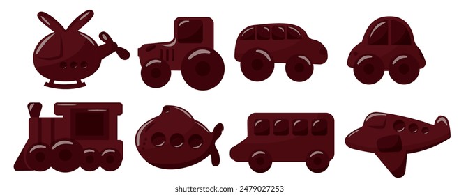 large set of chocolate figurines of various vehicles, namely chocolate cars, a locomotive, a tractor and various planes for World Chocolate Day
